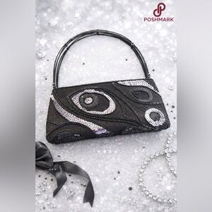 Beaded Black Evening Clutch with Sequined Swirl Detail